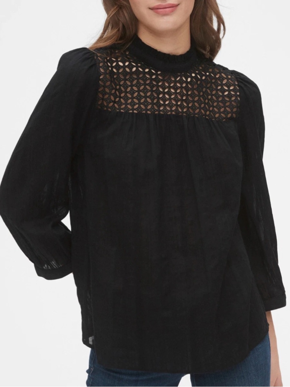 Gap Eyelet Mockneck Blouse Black Long Sleeve Crochet Yoke Boho Top Size S
